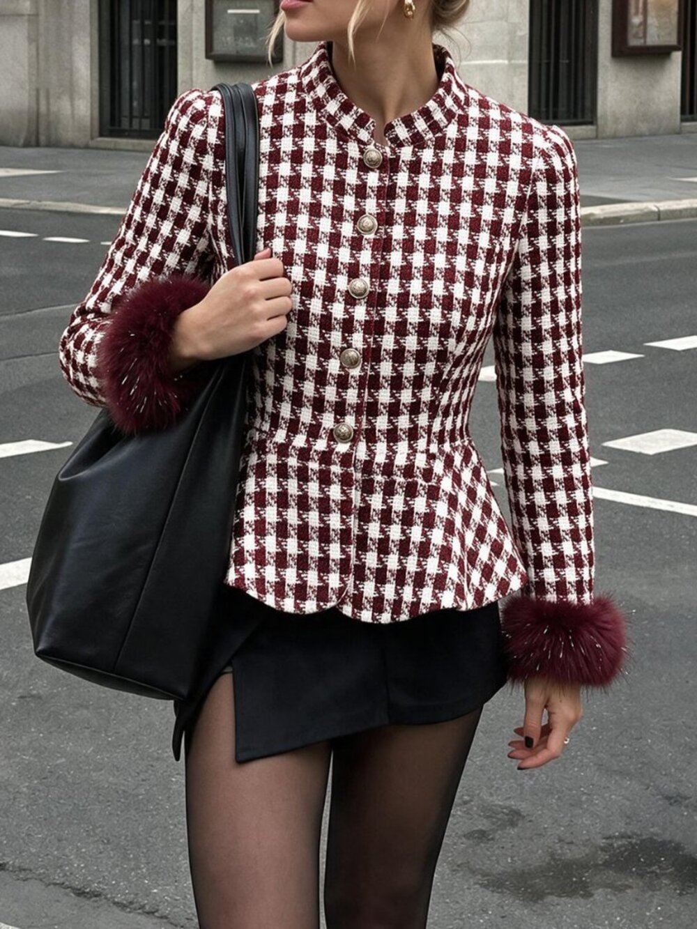 Multicolor Elegant Women's Tweed Plaid Patchwork Faux Fur Trim Short Jacket
